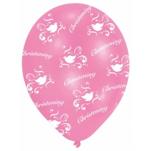 6 Pink & White Christening Latex Balloons