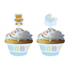 Blue Teddy Bear Cupcake Wrappers with Picks