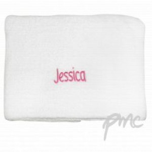 A White Personalised Towel with Pink Emboidery