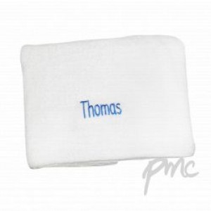 A White Personalised Towel with Blue Embroidery