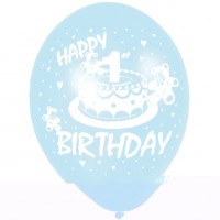 Six 1st Birthday Blue & White Printed Balloons