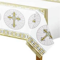 Silver & Gold Radiant Cross Plastic Tablecover - 1.4m x 2m